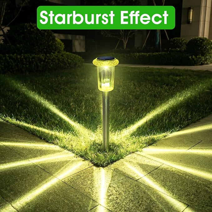 Eyrosa Solar Outdoor Lights Starburst Pattern, 10 Pack High-Visibility Lemon Yellow Housing, Waterproof Stainless Steel Solar Stake Lights for Pathway Garden Yard Walkway Driveway Lawn Outside Decor