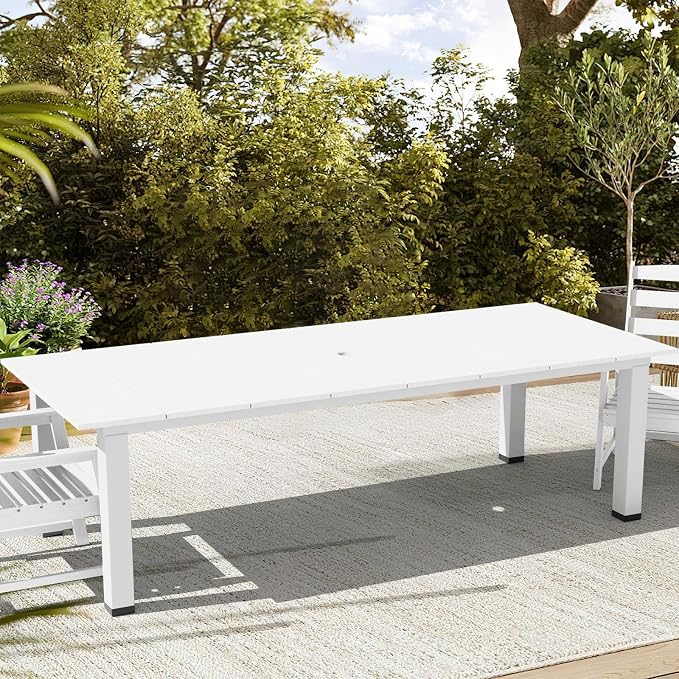 LOUNZY 75.2" HDPE Rectangle Outdoor Dining Table for 8, Oversized Patio Dining Table w/ 2" Umbrella Hole,White