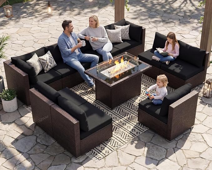 NICESOUL 11 Piece L-Shaped Outdoor Patio Furniture Set with Fire Pit Natural Gas/Propane, 29.3'' High Back Conversation Set, Extra Large Deep Couch Sofa Sectional Sets, Brown Rattan and Black Cushion