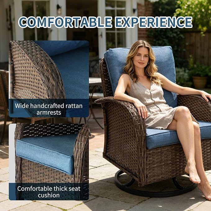 Outdoor Swivel Rocker Patio Chairs (Brown Wicker/Blue Cushion, 5PC/Swivel & Side Table & Ottomans)