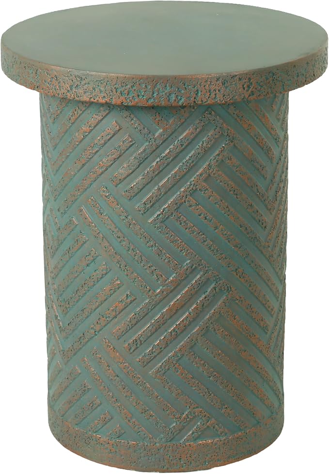 16.93" Cement End Tables for Patio,Green | Faux Terrazzo Modern Small Round Side Accent Table,Tree Stump Garden Stool Drum Indoor and Outdoor