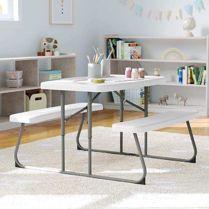 BizChair Easy-Fold Kids Outdoor Picnic Table and Benches - Commercial Grade Folding Plastic Play Table - Recommended for up to Age 5 - White