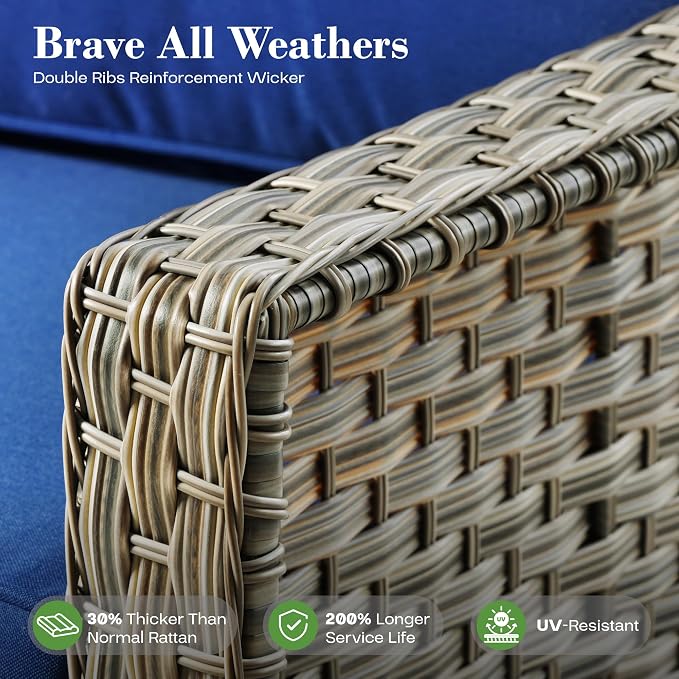 ovios 4 Piece Outdoor Patio Furniture with 3 Seat Sofa,Rattan Wicker Coversation Set with High Back,Sectional Single Sofa with Ottoman for Outside Porch Balcony Backyard Pool, Navy Blue