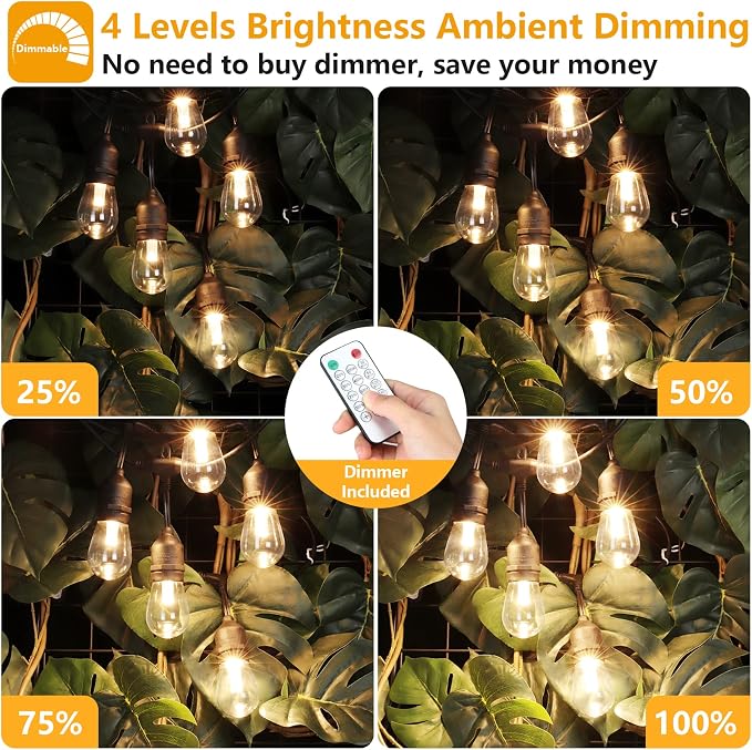 96FT(2x48FT) 3 Colors LED Outdoor String Lights with Remote, Black | Plug in, Jump/Fade/Static Modes, 2700K/4000K/5000K, 30+2 S14 Bulbs, Dimmable, Shatterproof, Waterproof, for Patio Cafe