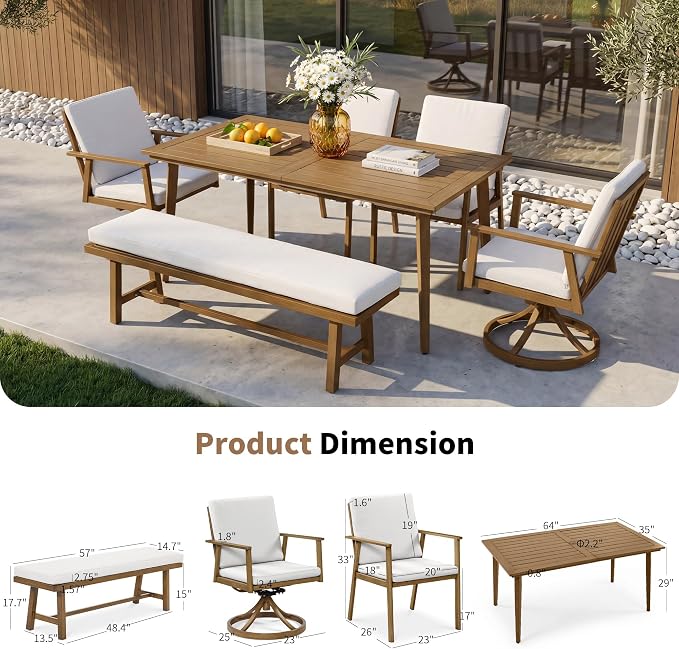 6-Piece Outdoor Table Set with Swivel Chairs & Bench, 6-Person Outdoor Rectangular Dining Table with Umbrella Hole, Faux Wood Grain Patio Table Set with Chairs for Garden Backyard Proch, Teak