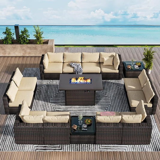 Grezone 15 Piece Patio Furniture Set with 44" Fire Pit Table, Outdoor Sectional Couch, PE Rattan Patio Conversation Sets with 4inch Cushions for Backyard Beige