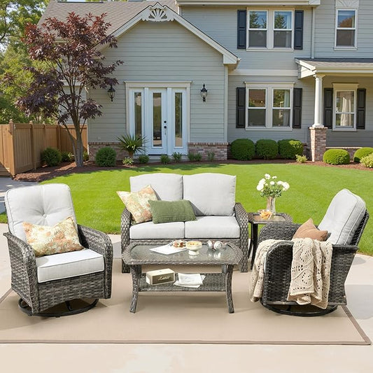 5 Pieces Patio Furniture Set, All Weather Rattan Patio Conversation Sets with Swivel Rocking Chairs, Coffee Table, High Back Outdoor Furniture Loveseat for Porch, Backyard,Grey