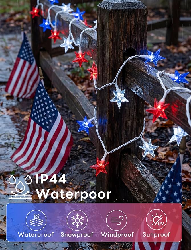 35 LED Patriotic Star String Lights, 13.6FT 4th of July Red White and Blue String Light with LED Mini Bulbs, Waterproof Connectable Independence Day Lights for Home Patio Garden Yard Memorial Day