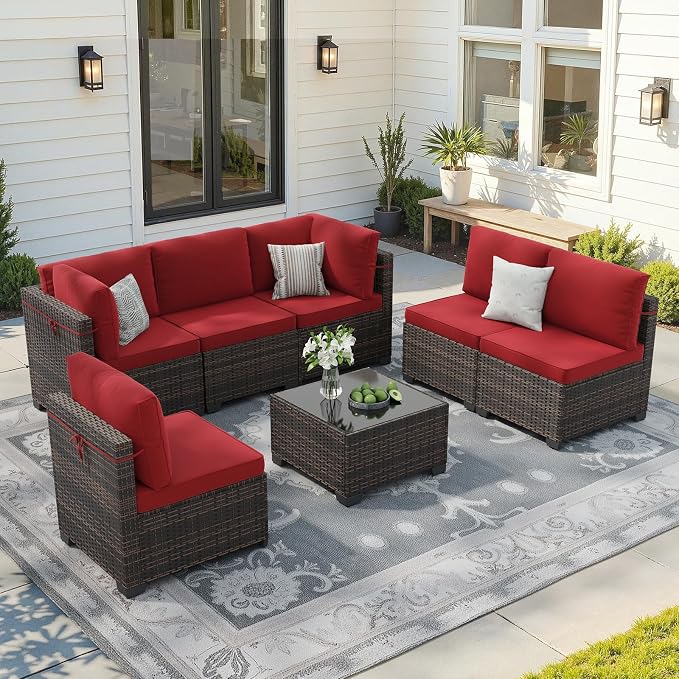 Soohow 7-Piece Patio Furniture Set, Outdoor Conversation Set, Thickened All-Weather Rattan Sectional Sofa with Tempered Glass Table for Garden, Porch, Backyard - Wine Cushions