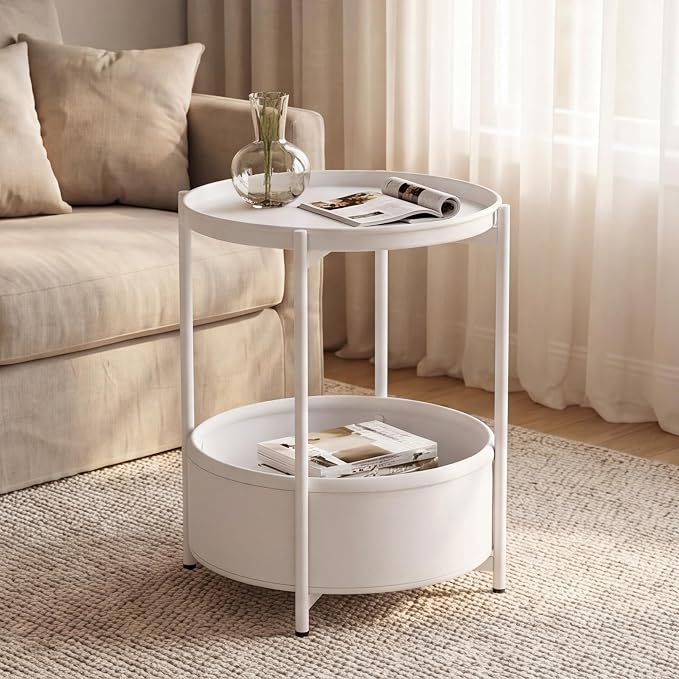 Garden 4 you Side Table with Fabric Storage Basket, Round Metal End Table, Small Bedside Table Nightstand with Removable Tray, for Nursery, Living Room, Bedroom, Bathroom, White