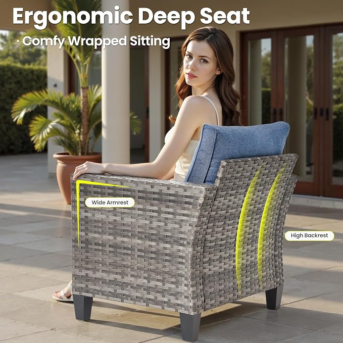 ovios 5 Pieces Patio Furniture Set, Outdoor Wicker Rattan Sofa Couch with Loveseat, Chairs, Glass Coffee Table, Conversation Sets for Yard Porch Garden, Denim Blue