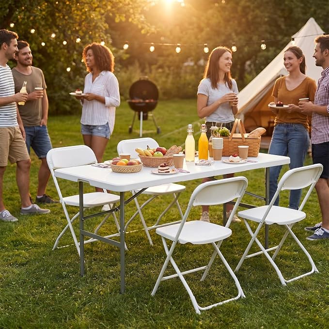 DUMOS 4 FT Folding Picnic Table Simple to Fold and Keep, 3.8 FT Foldable Table for Camping Dining Party Kitchen Picnic Outdoor Indoor with Carrying Handle