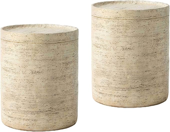COSIEST 2 Pieces Outdoor Side Table, Set of 2 Cylinder Shaped MgO Patio End Table, Lightweight Accent Table with Tray Top, Round Plant Stand for Garden and Deck, Beige