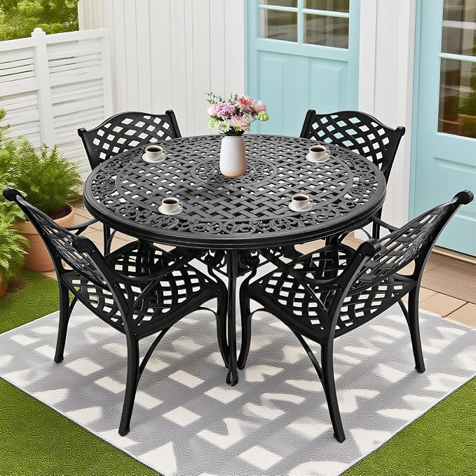 Patio Dinning Set Weather Resistant Cast Aluminum Patio Furniture Set with Umbrella Hole, Bistro Dining Set for Garden (48" x 48" Table B and 4 Chairs Black, 5 Pieces)
