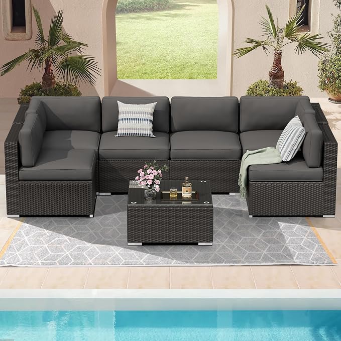 Incbruce 7-Piece Patio Furniture Set, All-Weather Conversation Set, PE Wicker Rattan Outdoor Sectional Couch with Glasstop Table and Removable Cushions (Grey)