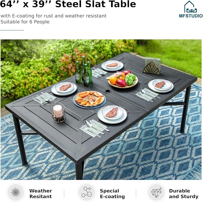 MFSTUDIO Patio Table and Chairs Set, Outdoor Dining Set for 6 with Umbrella Hole, 7 Piece Metal Outdoor Patio Furniture Set for Deck, Backyard, Poolside & Garden