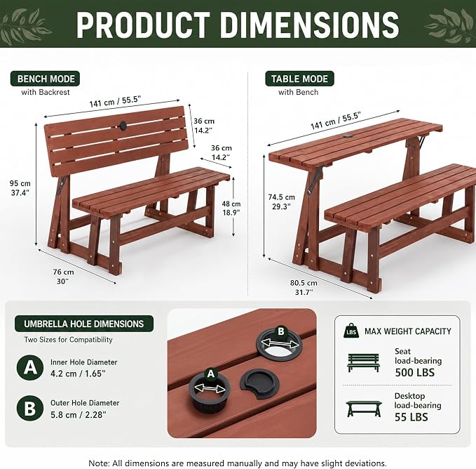 2-IN-1 Convert A Bench Picnic Table Wood Bench to Table With Umbrella Hole | Convertible Wood Bench with Backrest,Foldable Space Saving,Easy to Assemble &Clean,Portable, Ideal for Patio, Porches, Garden