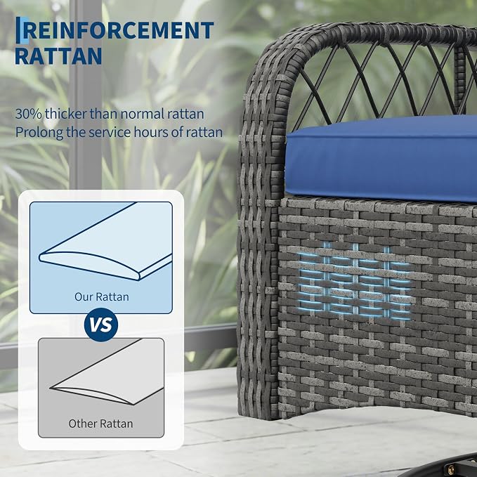 GarveeLife 3 Piece Swivel Wicker Patio Furniture Set, Outdoor Rattan Swivel Chairs with Side Table, All-Weather Conversation Set for Patio, Deck or Backyard, Gray Wicker with Blue Cushions