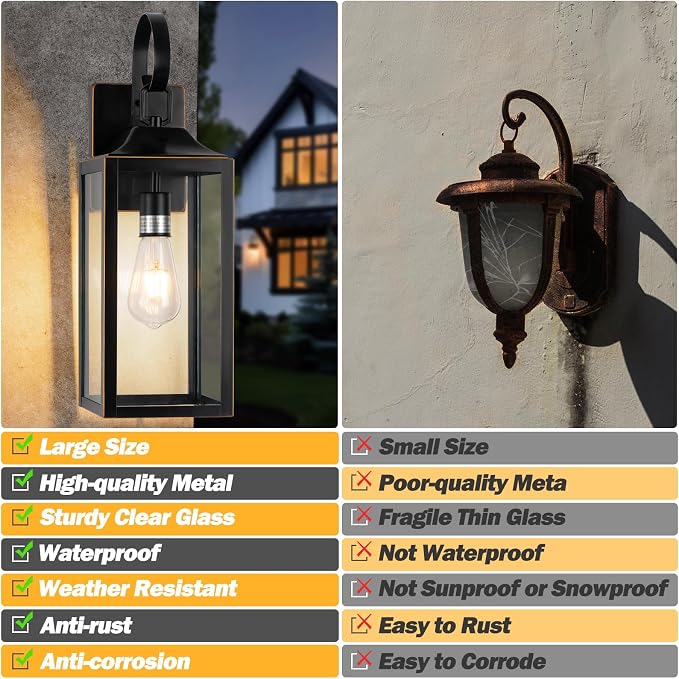 19" Large Outdoor Wall Lights Black with Gold Trim 2 Pack | Black Exterior Light Fixtures, Modern Wall Sconces, Waterproof Porch Lights Outdoor Lighting for House Garage Entryway