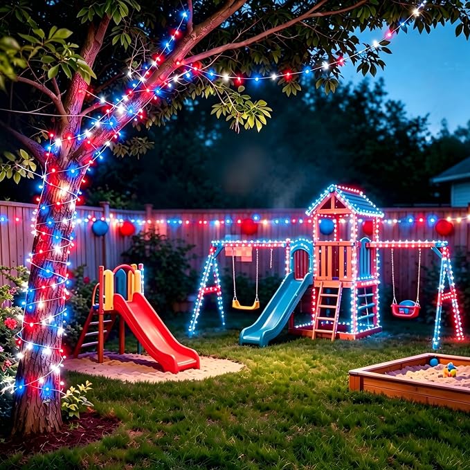 Joomer Red White Blue Solar Fairy Lights, 2 Pack 39FT 120LED String Light | 4th of July Memorial Day Decor, 8 Lighting Modes with Memory, Waterproof Outdoor Patriotic Lights for Independence Day Decor