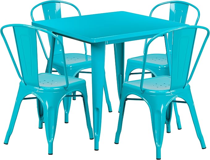 EMMA + OLIVER Commercial Square Crystal Teal-Blue Metal Indoor-Outdoor Set-4 Stack Chairs