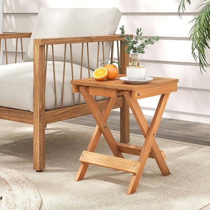 HAPPYGRILL Outdoor Folding Side Table Wood Square End Table with X-Shaped Legs, Slatted Tabletop, 14” Compact Outside Table, Portable & Lightweight Patio Coffee Table for Backyard Picnic Camping