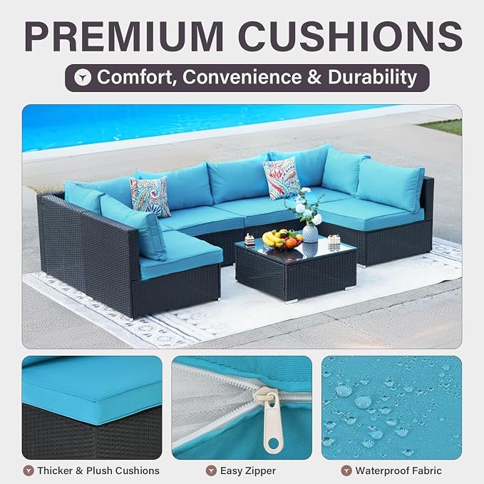 7-Piece Outdoor Patio Furniture Set – Handwoven All-Weather Rattan & 4” Thick Waterproof Cushions, Wicker Outdoor Conversation Sets with Coffee Table for Deck, Backyard, Garden, 2026, Black/Blue