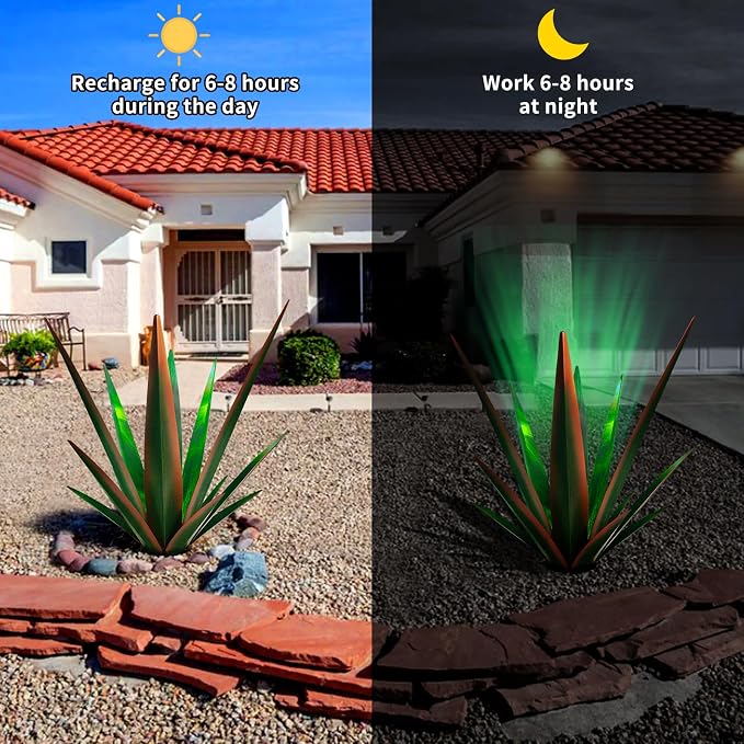 KODIBO 24" Large Metal Agave Plant Outdoor Decor with Solar Light, Blue | Outdoor Solar Light, Multicolor Lamp, Rust-Resistant Metal, Hand-Painted Finish, Tequila Sculpture, Garden Yard Patio Decor