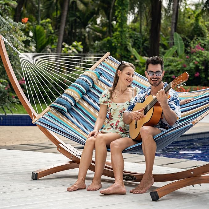 Lazy Daze Hammocks 12 FT Quilted Fabric Double Hammock with Spreader Bars and Detachable Pillow, 450lbs Weight Capacity