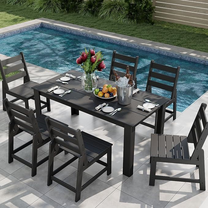 GREENVINES 7 Piece HDPE Outdoor Patio Dining Set, Table and 6 Chairs, Black