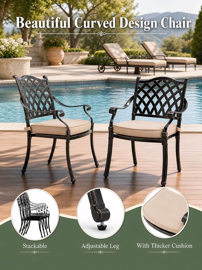 7 Piece Cast Aluminum Outdoor Dining Set, Retro Patio Dining Furniture Set for 6 Includes 59” Rectangular Table 6 Lattice Chairs with Thicker Cushions and Umbrella Hole for Porch Poolside Garden