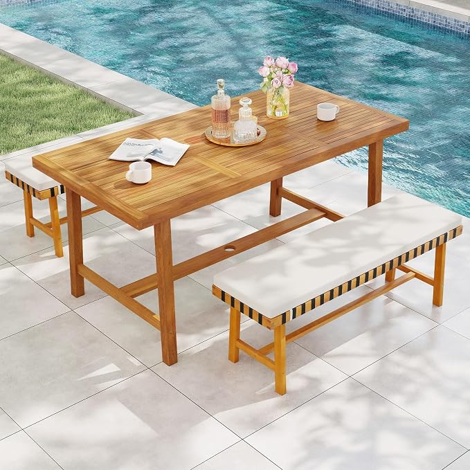 Tangkula 3 Piece Patio Dining Set for 4 People, 63” Outdoor Acacia Wood Rectangular Table with 1.97” Umbrealla Hole & 2 Cushioned Bench, for Deck Yard and Poolside