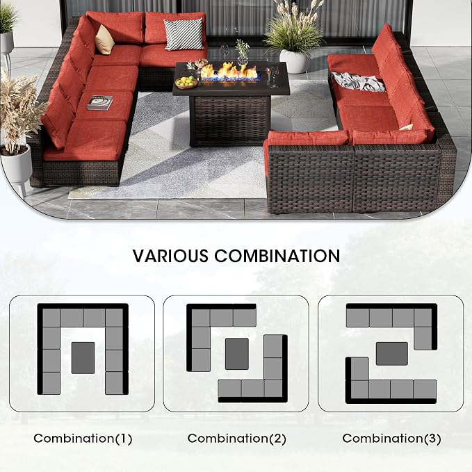 11 Piece Patio Furniture Set with Fire Pit Table, Outdoor Sectional Sofa PE Rattan, Patio Conversation Sets with Cushions for Garden Lawn Balcony Porch Deck Red