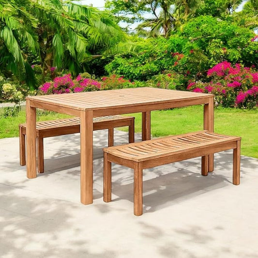 3-Piece Outdoor Dining Set, Teak Wood Table and Benches, Stylish and Durability. Patio Garden Furniture. It's a Perfect Addition to a Patio, Garden, or Deck.