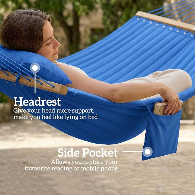 2-Person Outdoor Hammock with Pillow & Pad, 128in x 55.1in, 440lb Capacity, Quilted Polyester Fabric
