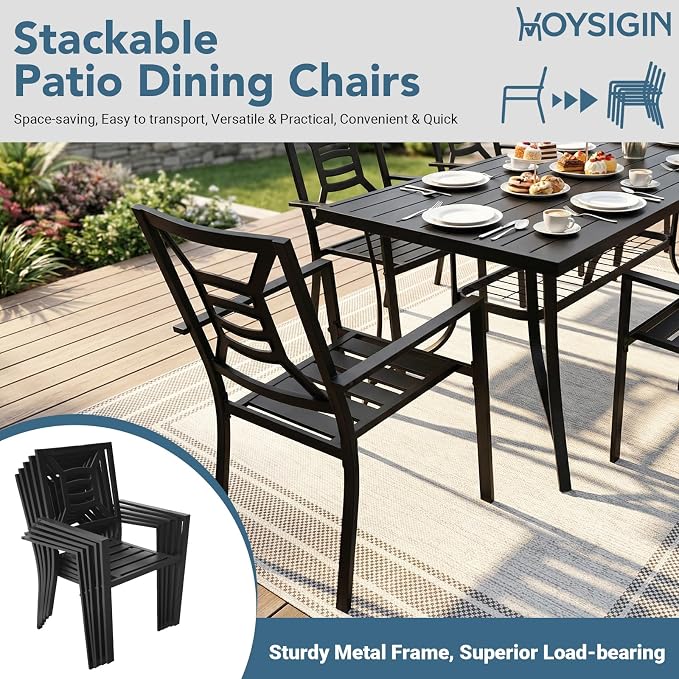 7 Piece Outdoor Patio Dining Sets, 60" Rectangular Metal Dining Table with Umbrella Hole & 6 Stackable Metal Chairs, Weather Resistant Garden Furniture Set for Backyard, Deck, Porch
