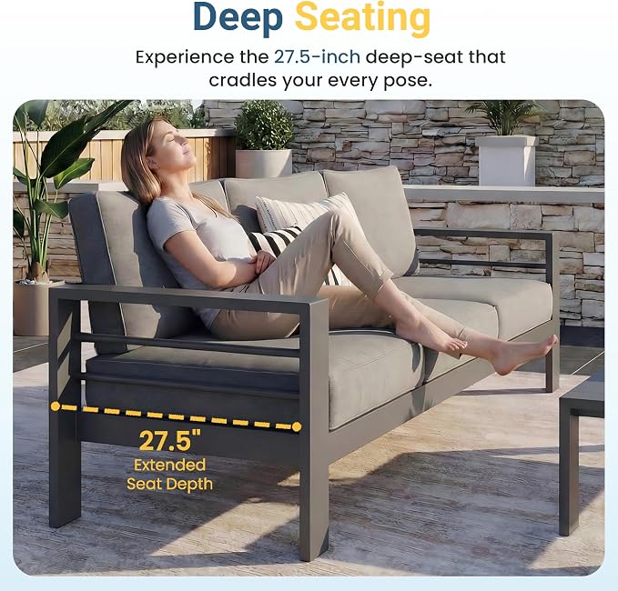 Wisteria Lane 6 Pieces Aluminum Patio Furniture Set with Umbrella, All Weather Oversized Outdoor Furniture Set with Deep Seat and Back Cushion, Patio Conversation Sets with Wide armrest, Gray & Gray