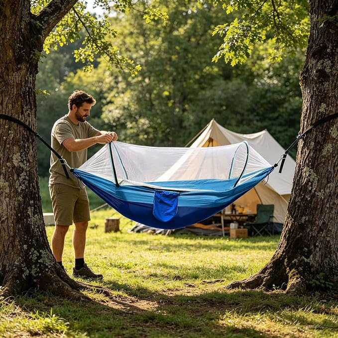 Heavy Duty Hammock with Mosquito Net–Canvas Hammock, Fade-Resistant Cotton Lounger, Roll-Free Comfort Design, Easy Setup for Backyard, Porch, Garden, Camping, Travel (Light Blue)