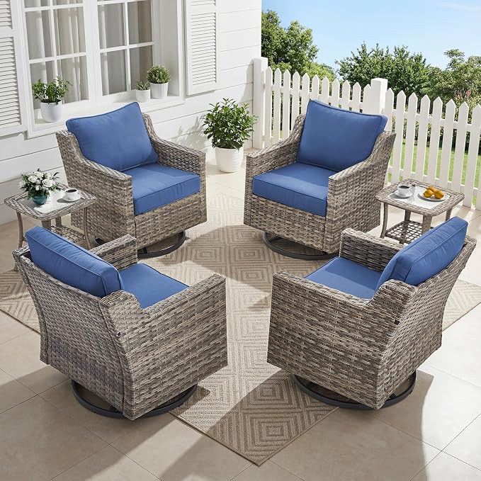 Belord Patio Wicker Swivel Rocker Patio Chairs with Side Table, Outdoor Rattan Chairs for Deck Porch Garden, 6 Piece Luxury Patio Furniture Set, Blue