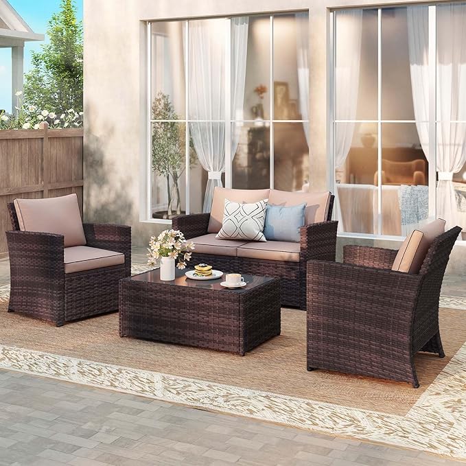 JOIVI Patio Furniture Set, 4 Piece Outdoor Patio Conversation Set, All-Weather PE Rattan Wicker Sectional Patio Sofa Set with Tempered Glass Coffee Table, Brown