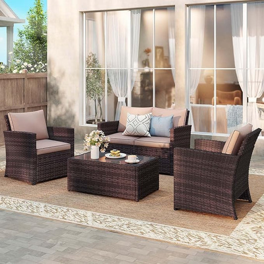 JOIVI Patio Furniture Set, 4 Piece Outdoor Patio Conversation Set, All-Weather PE Rattan Wicker Sectional Patio Sofa Set with Tempered Glass Coffee Table, Brown