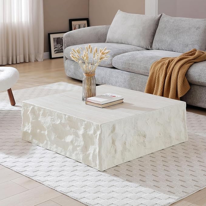 Square Coffee Table for Living Room Faux Stone Coffee Table, 35.4" Modern Low Center Tables for Apartment, No Need Assemble, Fiberglass (Travertine Concrete Pattern)