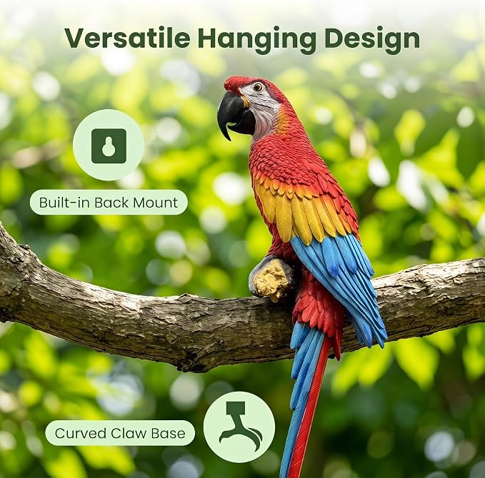37.8" Hanging Scarlet Macaw Parrot Statue | Outdoor Resin Bird Decor, Weatherproof Solid Resin with Vibrant Hand-Painted Feathers
