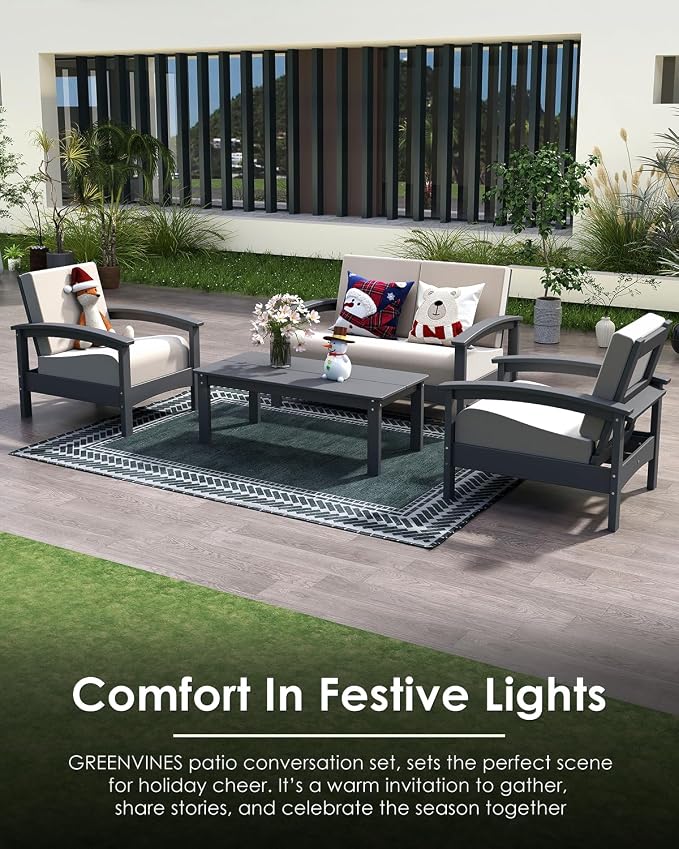 GREENVINES Deluxe 4-Piece Patio Furniture Set | HDPE Plastic | Outdoor Sectional Conversation Sets | All-Weather Couch | Sofa with Coffee Table | Black Frame w/Beige Cushion | for Porch Lawn | Gray
