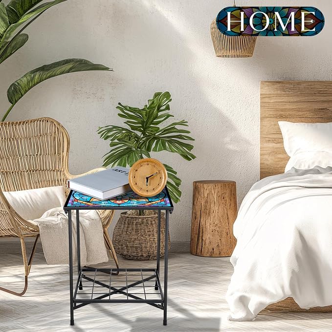 Cinnvoice Outdoor Side Table 2-Tier Storage Square Small Mosaic Patio Accent Indoor End Plant Coffee Tea Table for Yard Patio Porch Garden Living Room, Bedroom(Mandala Style)