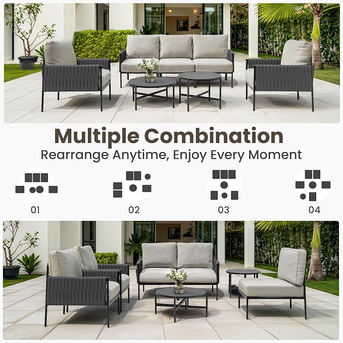 Pamapic 7-Piece Woven Rope Outdoor Furniture Set, Iron Frame Patio Conversation Set with Thick Cushions & 2 Coffee Tables, All-Weather Sectional Patio Furniture Set for Backyard, Porch, Grey