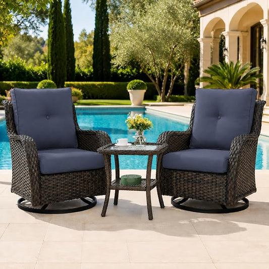 HUMMUH 3-Piece Swivel Rocking Rattan Chair Outdoor, Patio Bistro Furniture Conversation Set with Cover,Cushioned Wicker Chair with Glass Coffee Table(Brown, Blue)