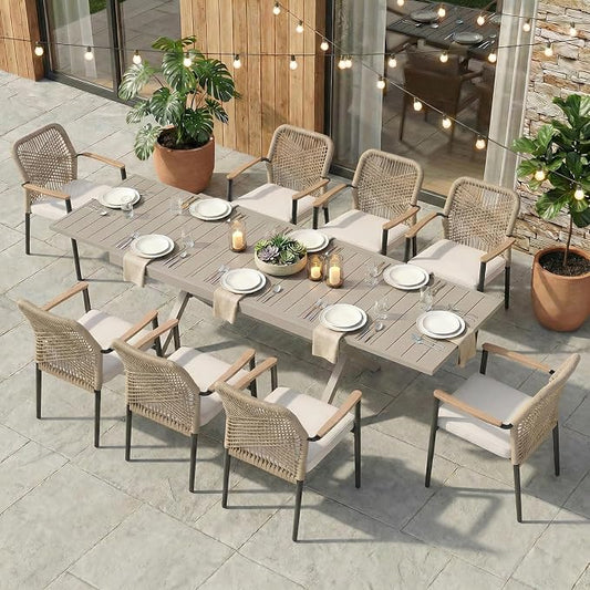 SUNSITT 9 Piece Outdoor Patio Dining Set, 65" - 107" Metal Expandable Outdoor Dining Table with X-Shape Legs, 8 Woven Wicker Patio Chairs w/WPC Armrests for Garden, Flaxen
