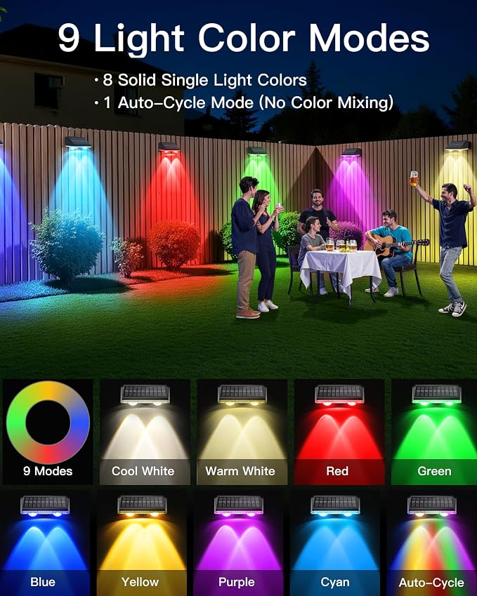KEILAIMO Solar Fence Lights Outdoor, 12 Pack IP65 Waterproof Fence Lights Solar Powered with Ultra-Bright LED Lens, 9 Color Modes, 12+ Hours Steady Glow for Deck/Backyard/Patio/Pool/Wall - Black