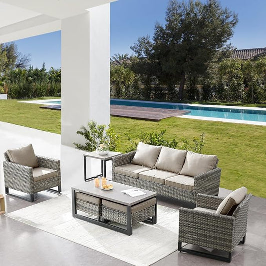 Belord 7 Piece Outdoor Furniture Patio Wicker Sofa Set, Oversize Outdoor Dining Chairs with Rattan Ottomans, Conversation Sets Patio Furniture Come with Removable Washable Cushion Grey